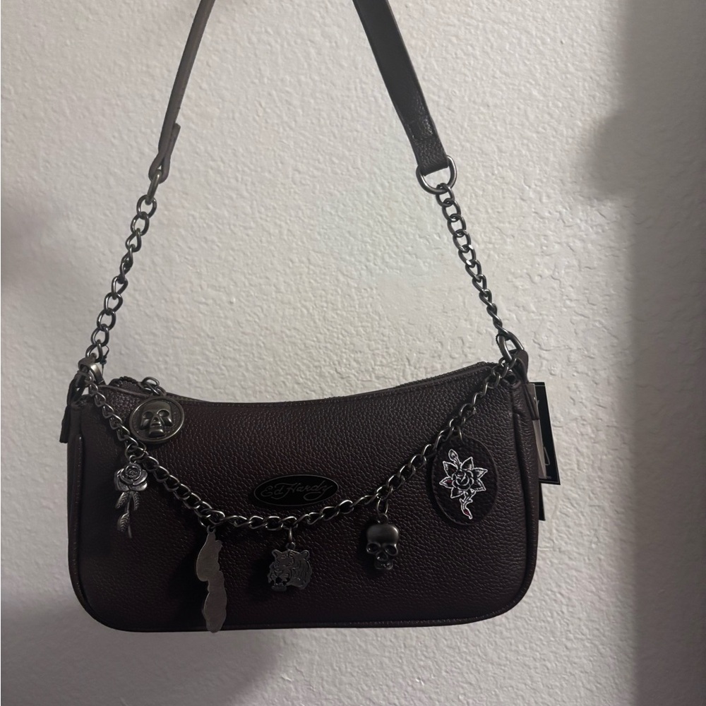 Ed Hardy Brown Leather Shoulder Bag with Chain Straps